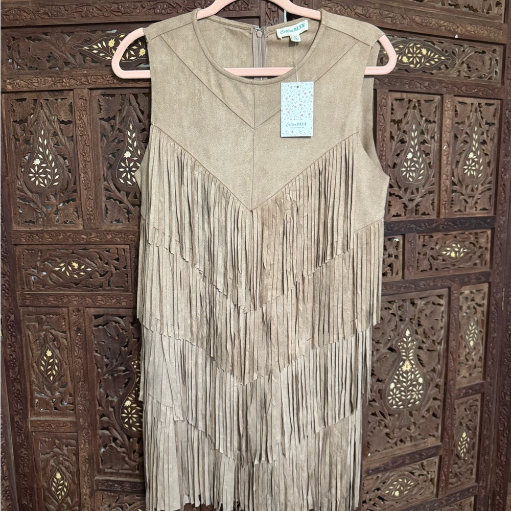 Cotton Bleu Tan Fringe Sleeveless Mini Dress